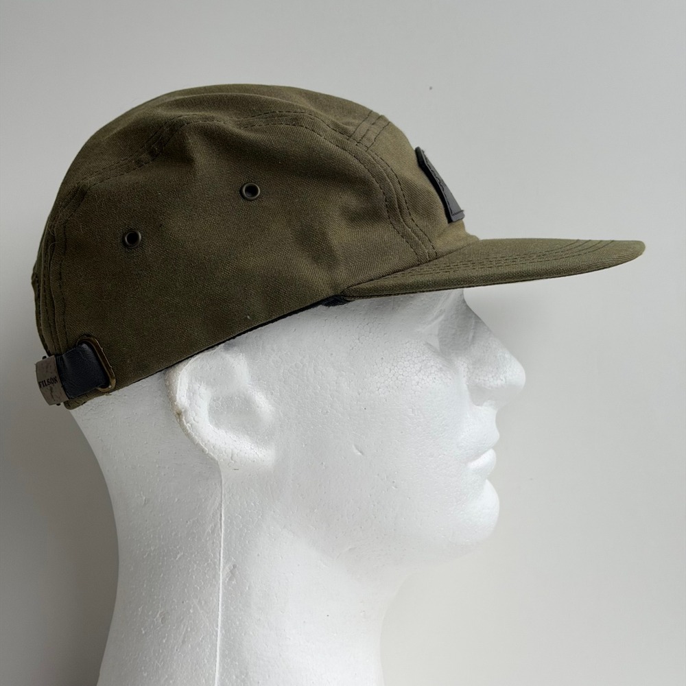 Filson Tin Cloth 5-Panel Cap Mens Olive Green Waxed Canvas Hat Leather Strap - Picture 8 of 10